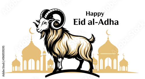 Majestic ram illustration for an Islamic celebration, symbolizing sacrifice and devotion with mosque silhouettes