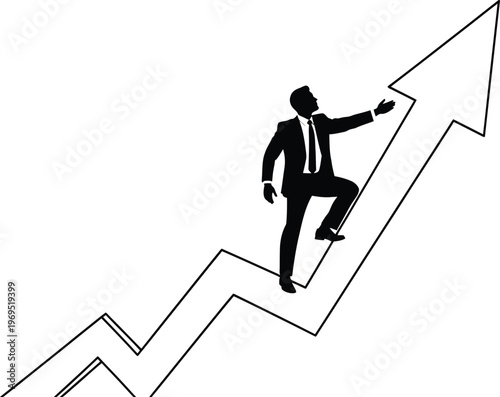 Businessman climbing upward arrow chart representing growth success progress and ambition 