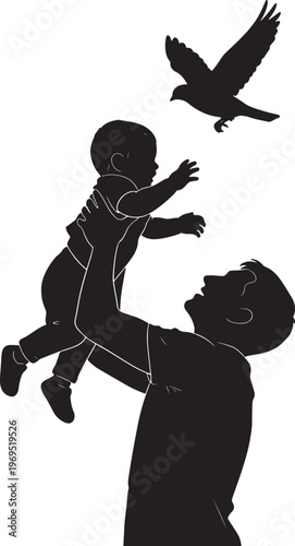 Father Tossing Baby in Air, Bird Flying Above, Silhouette Vector Illustration