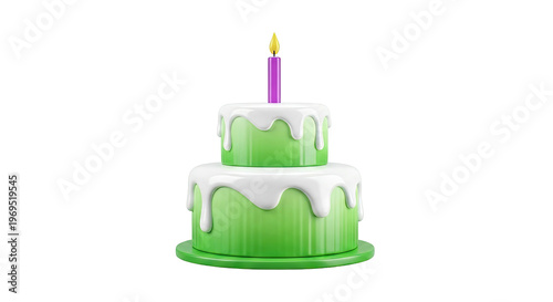 Two-tier green birthday cake with white frosting and a single candle