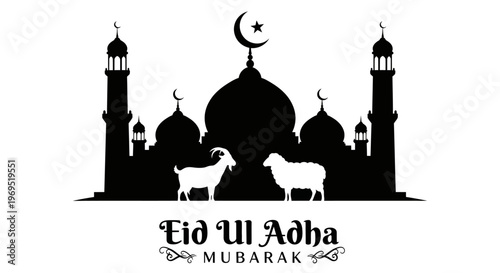 Elegant black silhouette of a grand mosque with crescent, minarets, and symbolic sacrificial animals, representing an important Islamic festival of devotion and celebration
