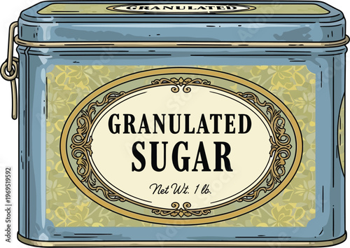 Decorative tin box contains granulated sugar for baking ingredients.