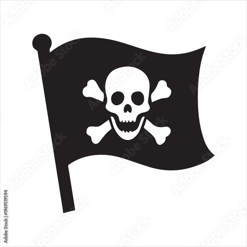 Black pirate flag with white skull and crossbones symbol waving