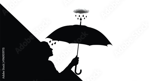 Silhouette of a person holding an umbrella against a dark diagonal shape, with rain falling from a small cloud.