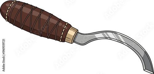 Carving knife with leather-wrapped handle is a woodworking tool.