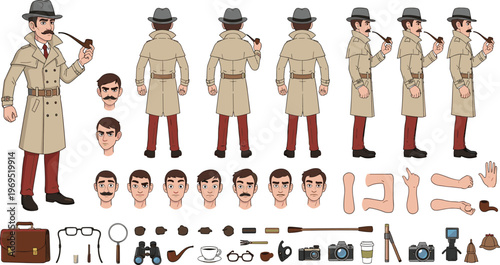 Detective Character Design Set with Pipe, Magnifying Glass, and Accessories for Mystery, Investigation, and Detective Illustrations