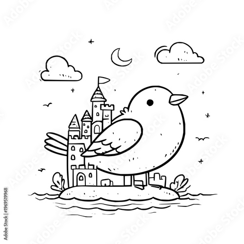 A whimsical black and white illustration of a bird standing on a sandy island with a majestic castle surrounded by serene nighttime elements