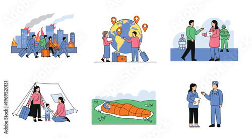 Disaster Relief and Migration Icon Set with Evacuation, Emergency Aid, and Refugee Assistance for Humanitarian Designs