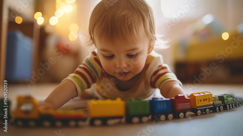 A curious baby engages with a colorful toy train on the floor, surrounded by warm lighting in a cozy room.