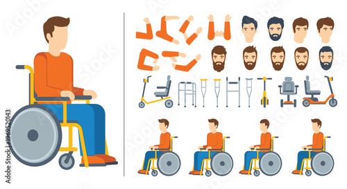 Disability and Mobility Aid Icon Set with Wheelchair, Crutches, and Assistive Devices for Healthcare and Accessibility Designs