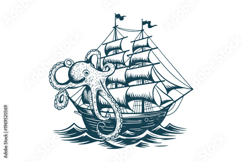 Blue of giant octopus attacking a classic sailing ship with waves