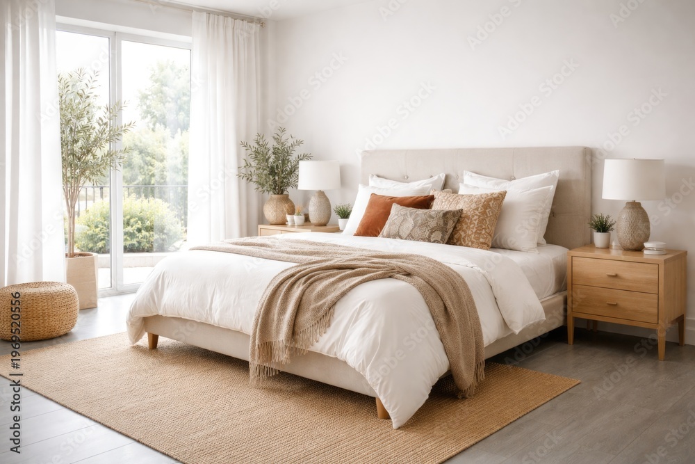 Fototapeta premium Bright bedroom interior with stylish bed and decorative pillows on a sleek gray floor