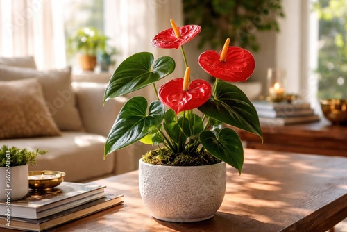 Indoor decoration showcasing a bright red Anthurium flower from the Araceae family