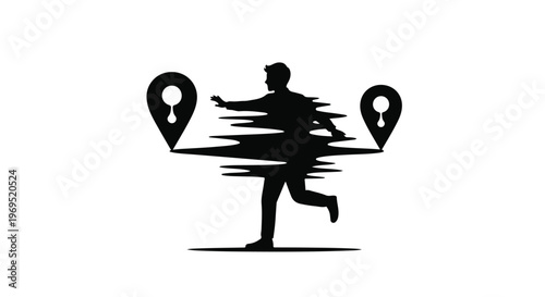Dynamic silhouette of a person in motion reaching towards a destination marker