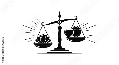 Scales of justice balancing heart and brain, symbolizing emotional and logical equilibrium