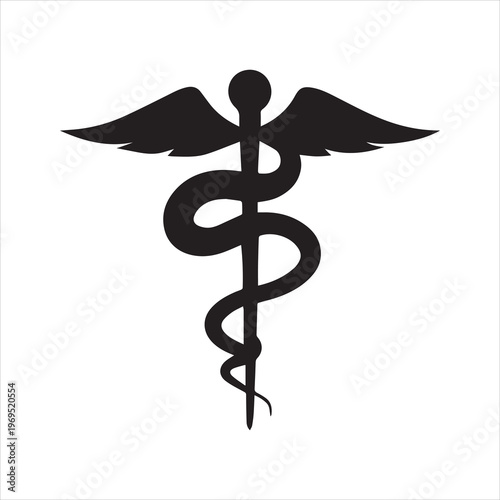 Black caduceus symbol with wings and snake on white background
