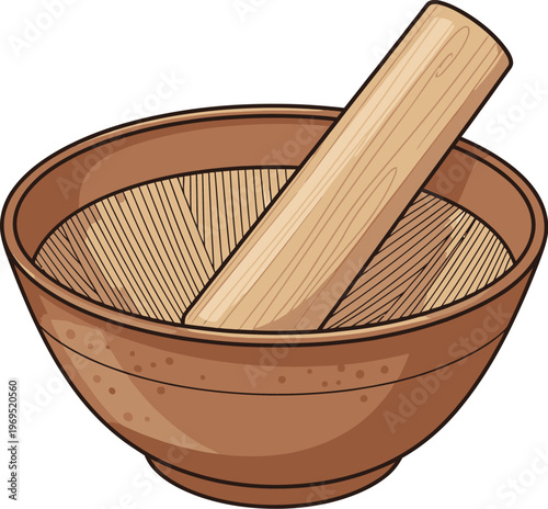Wooden pestle and mortar for grinding herbs and spices.