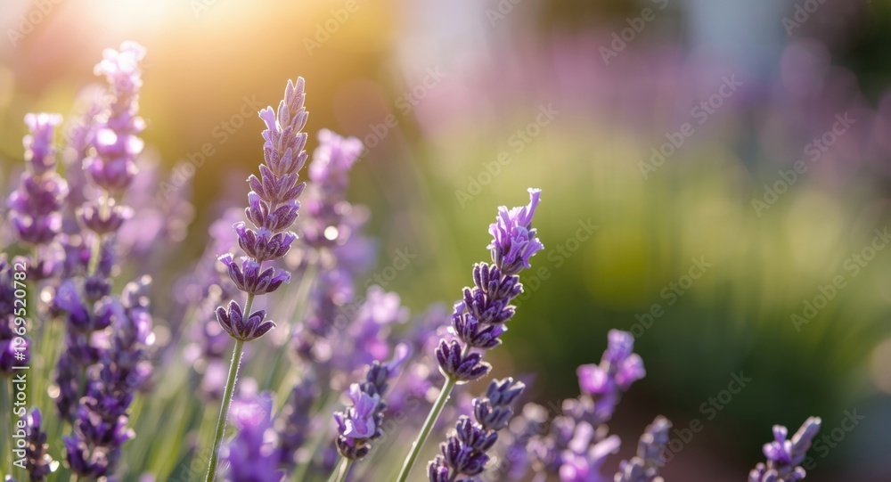 Obraz premium Purple lavender buds shining brightly in sun ideal for editorial backgrounds