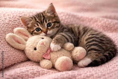 Tabby kitten joyfully cuddl...