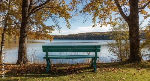 turquoise bench framed by g...