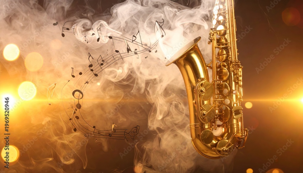 Obraz premium Radiant golden saxophone producing captivating melodies, enveloped in mystical smoke and flowing musical notes, illuminated by a backdrop of warm, sparkling lights