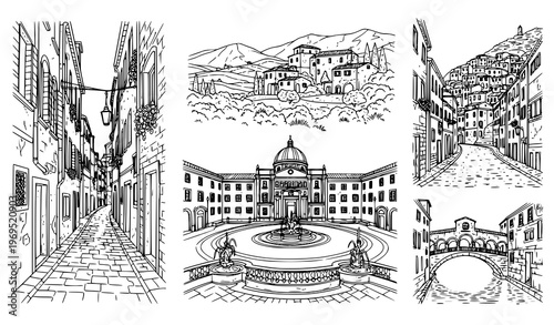 Black and White Italian Landmarks and Lifestyle Vectors – Isolated Sketch Illustrations for Designers