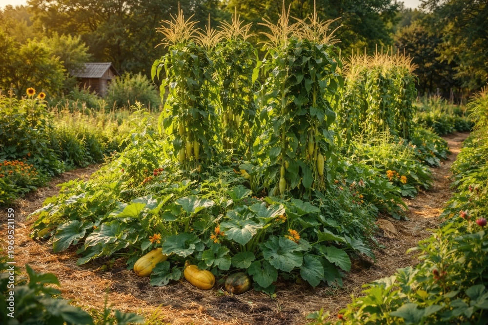 Fototapeta premium Permaculture style vegetable garden showcasing a milpa bed with mixed corn squash and pole beans