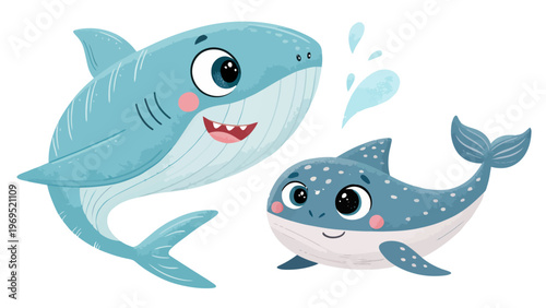 Cute cartoon shark and whale swimming together in ocean soft blue colors friendly sea creatures