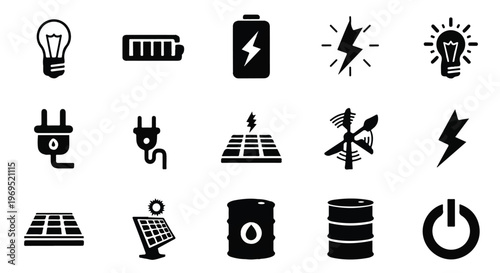 Collection of energy related icons including light bulbs batteries solar panels and power plugs.