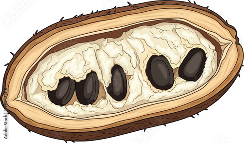 Longitudinal section of a unique fruit displaying its creamy white pulp.