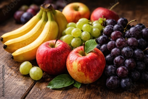 Close up view of assorted fresh fruits including apples bananas and grapes on rustic wooden table