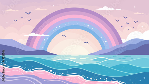 Dreamy pastel rainbow landscape with ocean waves and mountains serene nature scene with gradient colors