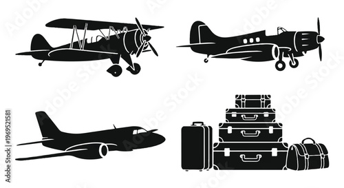 Vintage and Modern Aircraft Silhouettes with Stacked Luggage for Travel Concepts.