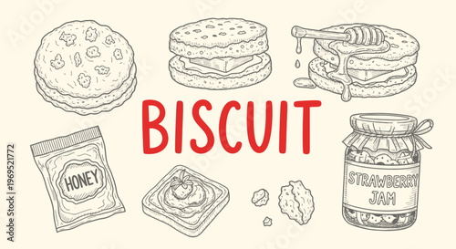 Biscuit with honey and jam toppings.