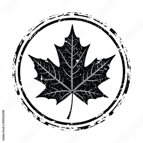 Vector of a maple leaf enclosed in a grunge-textured circular stamp