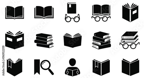 Collection of black silhouette book and reading icons.
