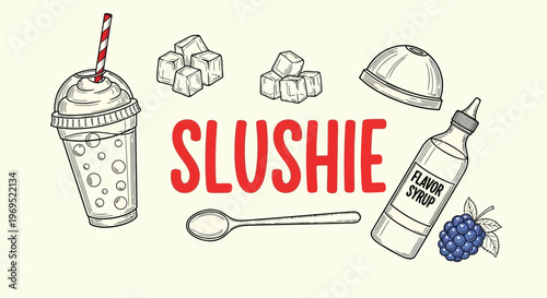 Colorful slushie drink and ingredients.