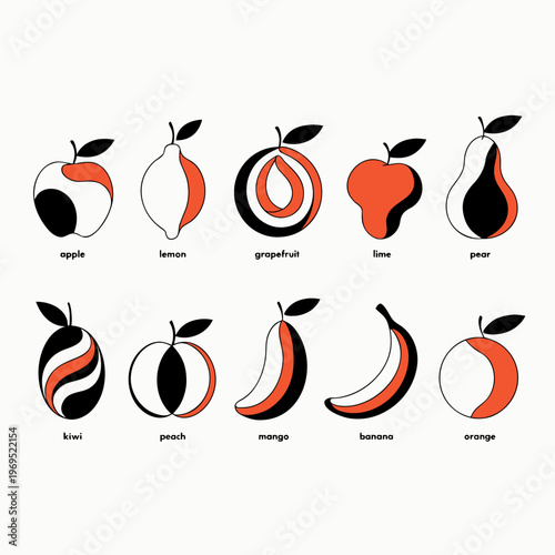 Minimalist Fruit Icon Set with Modern Flat Design in Orange and Black
