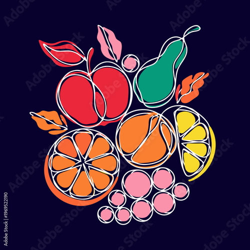 Colorful Hand-Drawn Fruit Illustration with Citrus and Tropical Elements on Dark Background