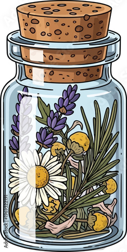 Glass jar filled with dried herbs like lavender and chamomile for.