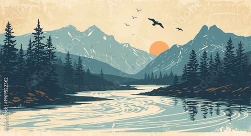 Stylized mountain river landscape with flying birds and sun abstract art for office or living room walls