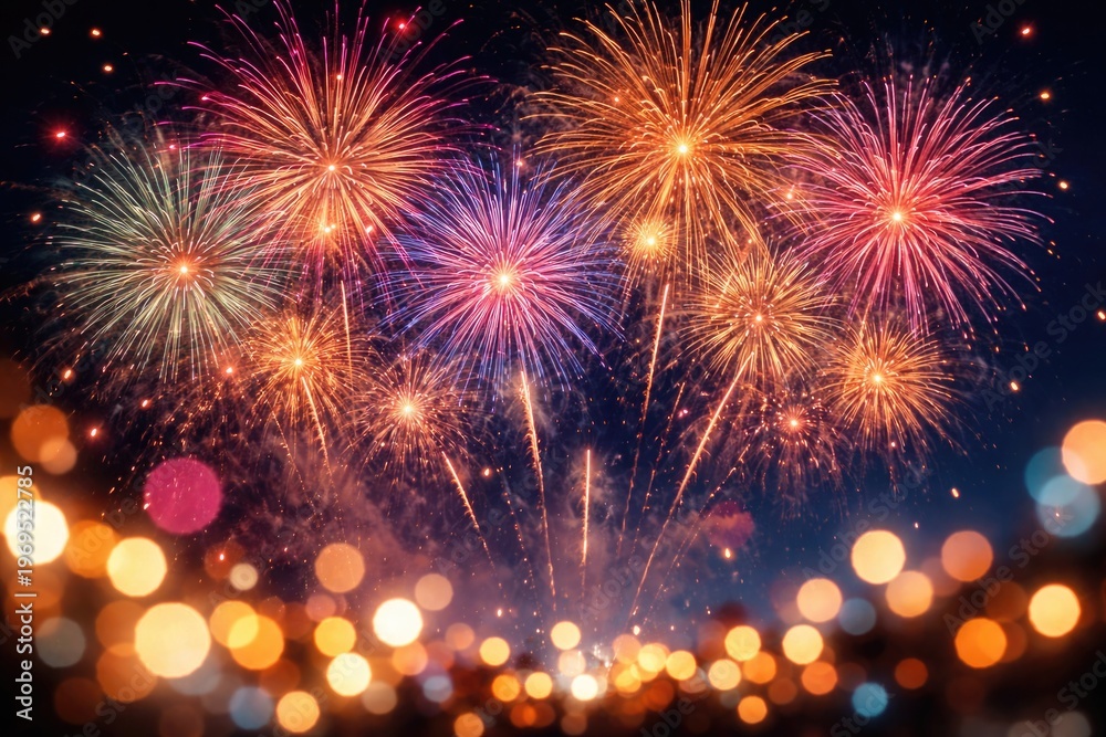 Fototapeta premium Vibrant fireworks bursting over a blurred night sky with festive bokeh lighting for celebration events