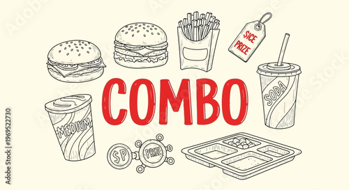 Vintagestyle illustration Fast Food Combo Meal Illustration.