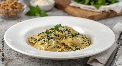 White plate showcasing herb...