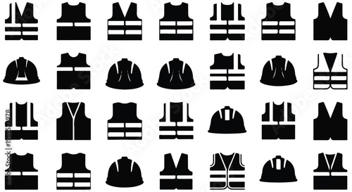 Collection of safety vests and hard hats for construction and industrial workers.
