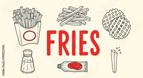 French fries food illustration with condiments.