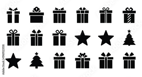 Collection of various black silhouette gift boxes, stars, and Christmas trees.