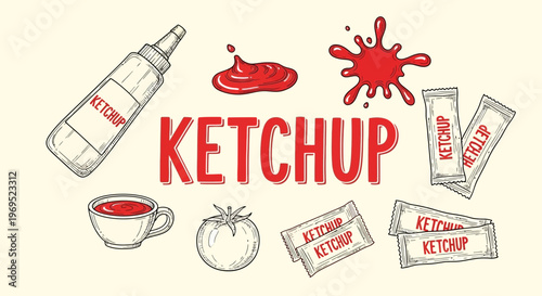 Ketchup condiment branding illustration.
