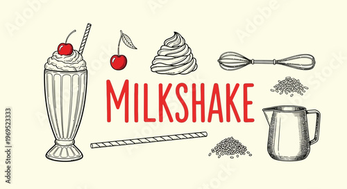 Milkshake dessert drink illustration with toppings.