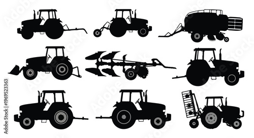 Collection of various agricultural tractors and farm machinery silhouettes.